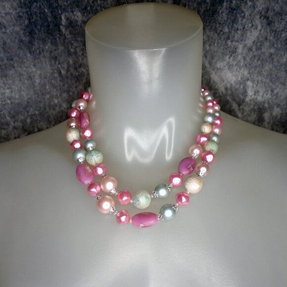 Vintage Multi Strand Necklace, Pink & Aqua Blue Pastel Beads Beaded MultiStrand - Picture 2 of 13
